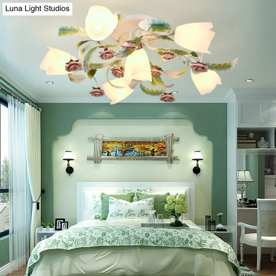 Pastoral Frost Glass Floral Ceiling Mount Chandelier: White Semi Flush Lighting For Bedroom