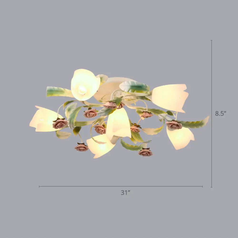 Pastoral Frost Glass Floral Ceiling Mount Chandelier: White Semi Flush Lighting For Bedroom 7 /