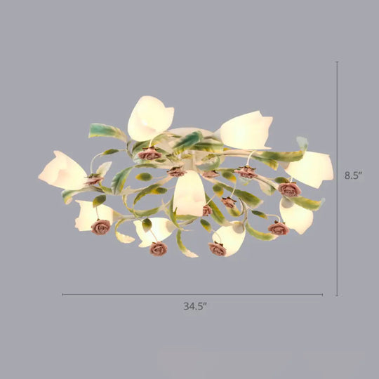 Pastoral Frost Glass Floral Ceiling Mount Chandelier: White Semi Flush Lighting For Bedroom 9 /