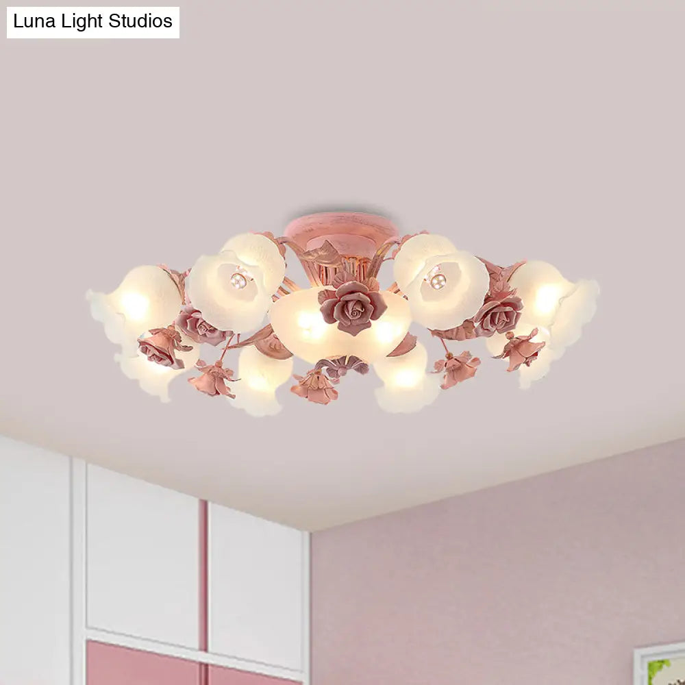 Pastoral Frosted Glass Flush Chandelier: Rose Blossom 7/11 - Head Pink Ceiling Mount Light