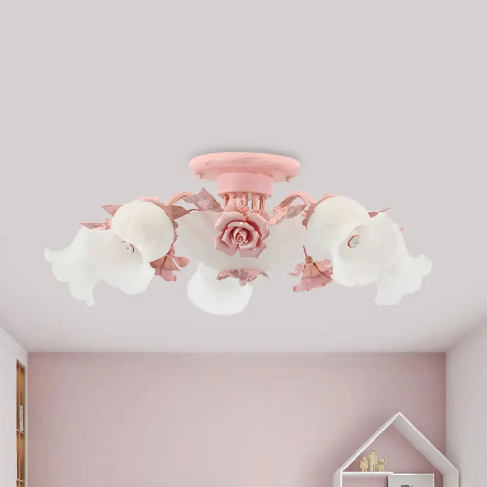 Pastoral Frosted Glass Flush Chandelier: Rose Blossom 7/11 - Head Pink Ceiling Mount Light 7 /