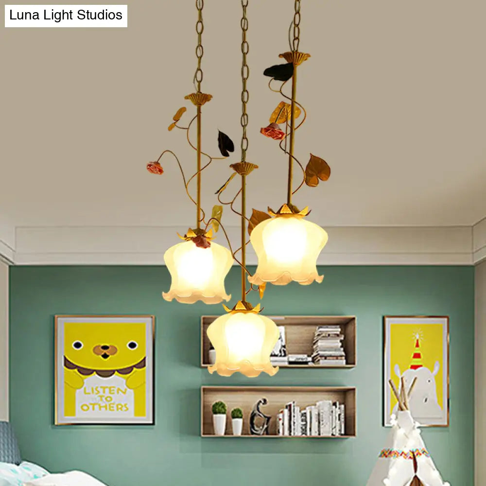 Pastoral Frosted Glass Pendant Light Cluster With Green 3 Downward Lights Lettuce Edge And