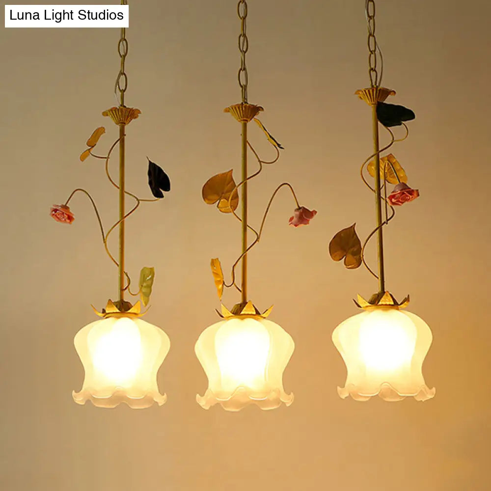 Pastoral Frosted Glass Pendant Light Cluster With Green 3 Downward Lights Lettuce Edge And