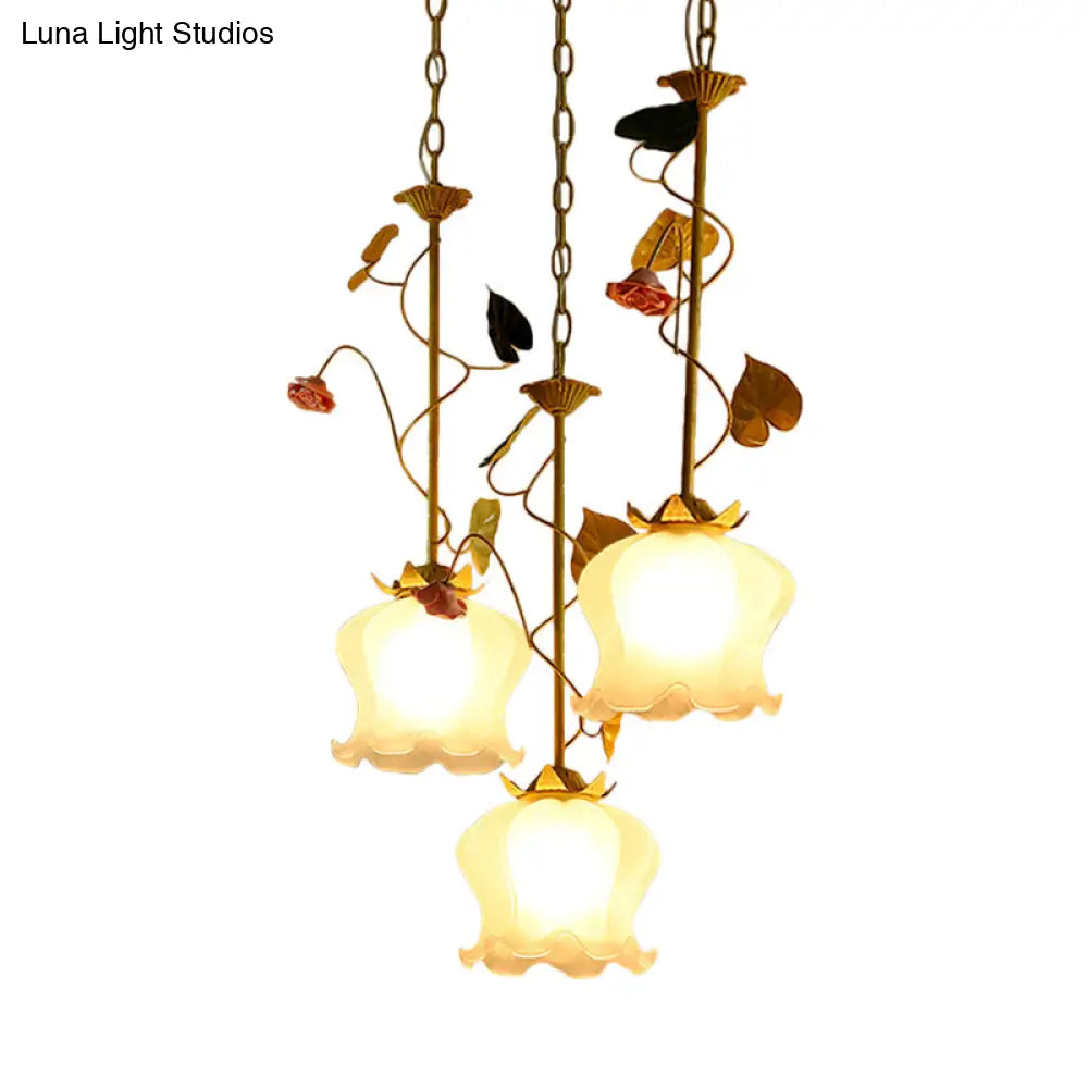 Pastoral Frosted Glass Pendant Light Cluster With Green 3 Downward Lights Lettuce Edge And