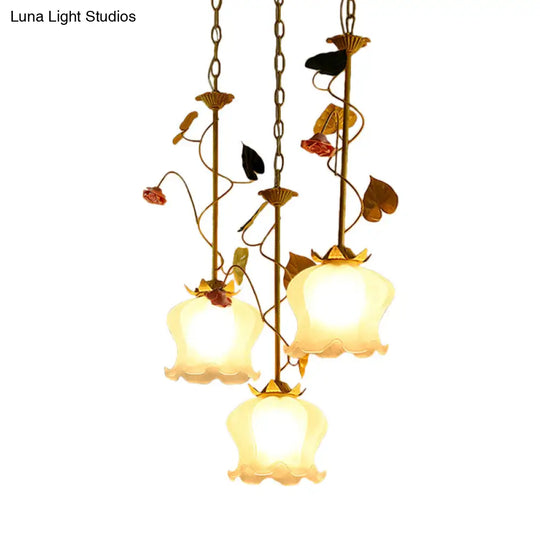 Pastoral Frosted Glass Pendant Light Cluster With Green 3 Downward Lights Lettuce Edge And