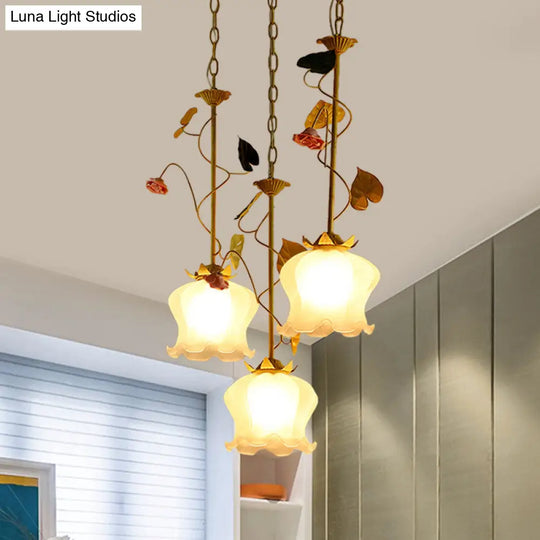 Pastoral Frosted Glass Pendant Light Cluster With Green 3 Downward Lights Lettuce Edge And