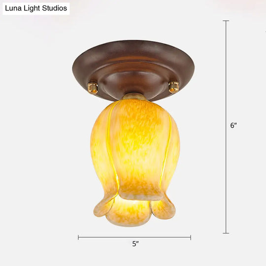 Pastoral Glass Ceiling Light Fixture - Coffee Finish 1-Bulb Semi Flush Yellow