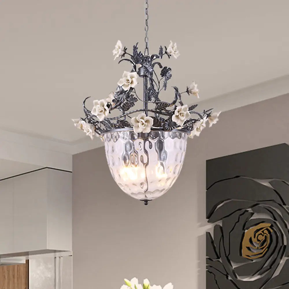 Pastoral Glass Dome Chandelier - Clear Dimple Pendant Lamp Blossom Design 3/4 Heads 3 /