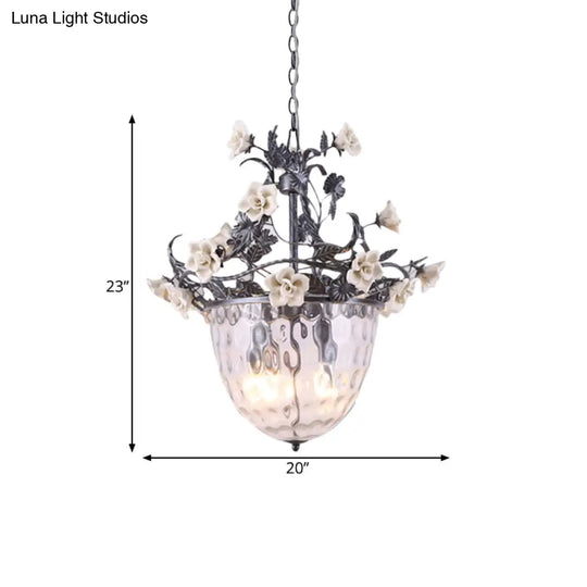 Pastoral Glass Dome Chandelier - Clear Dimple Pendant Lamp Blossom Design 3/4 Heads