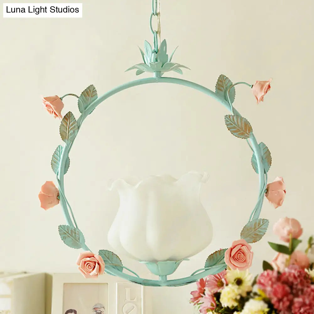 Pastoral Glass Round Ceiling Lamp With Led Suspension - Pink/Blue