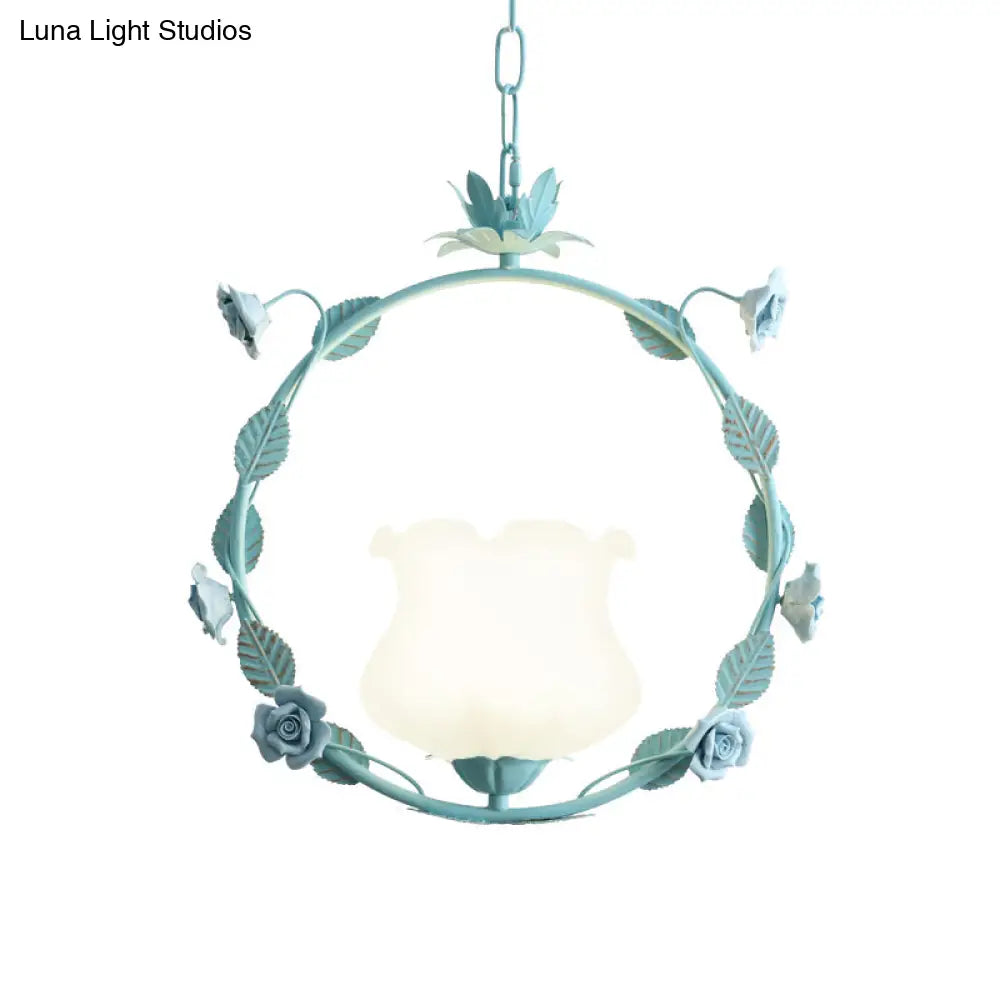 Pastoral Glass Round Ceiling Lamp With Led Suspension - Pink/Blue