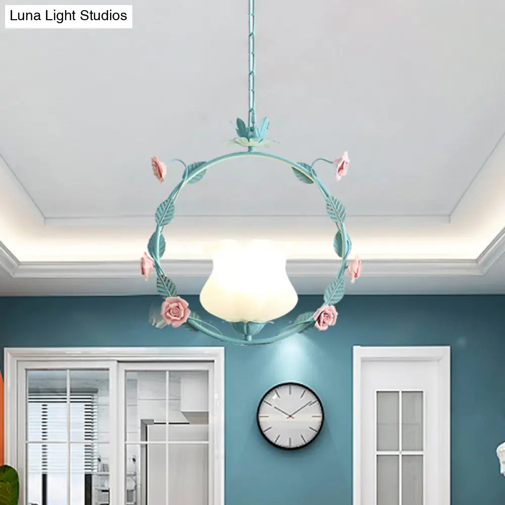 Pastoral Glass Round Ceiling Lamp With Led Suspension - Pink/Blue