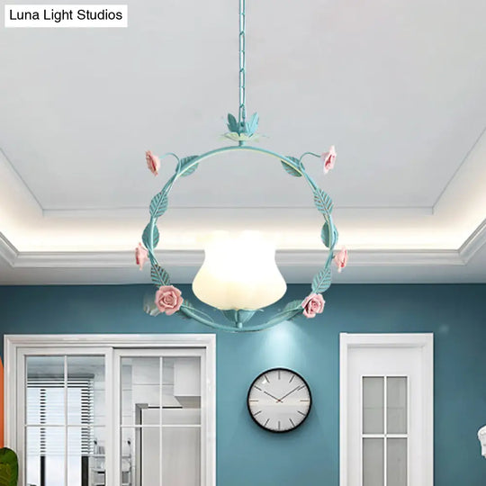 Pastoral Glass Round Ceiling Lamp With Led Suspension - Pink/Blue