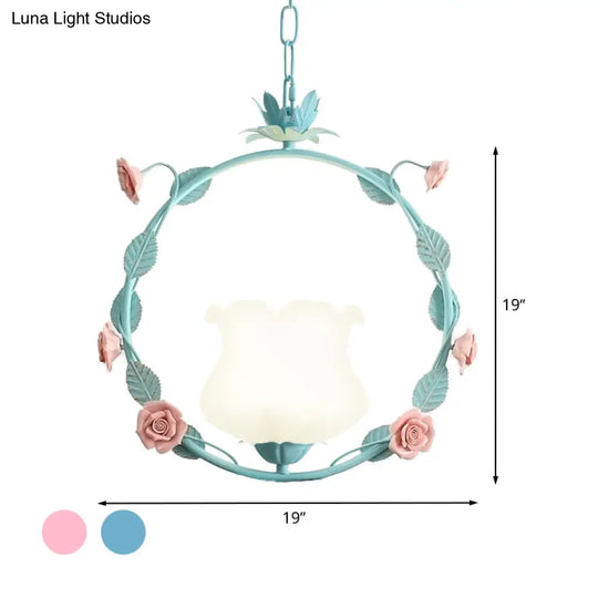 Pastoral Glass Round Ceiling Lamp With Led Suspension - Pink/Blue