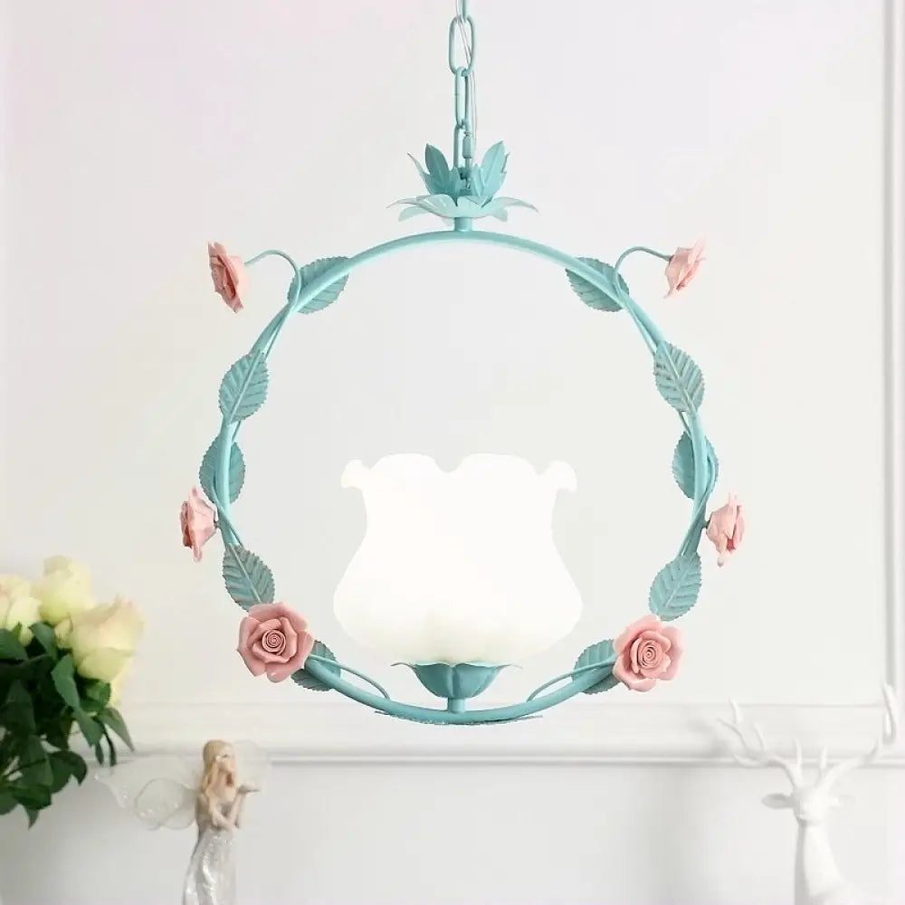 Pastoral Glass Round Ceiling Lamp With Led Suspension - Pink/Blue Pink