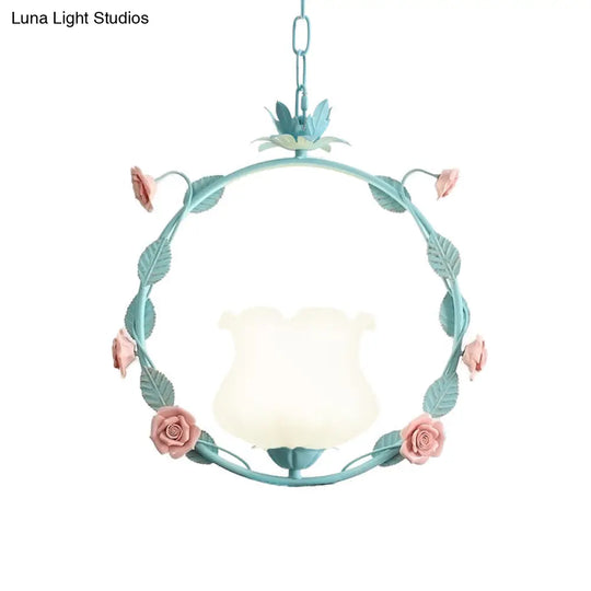 Pastoral Glass Round Ceiling Lamp With Led Suspension - Pink/Blue