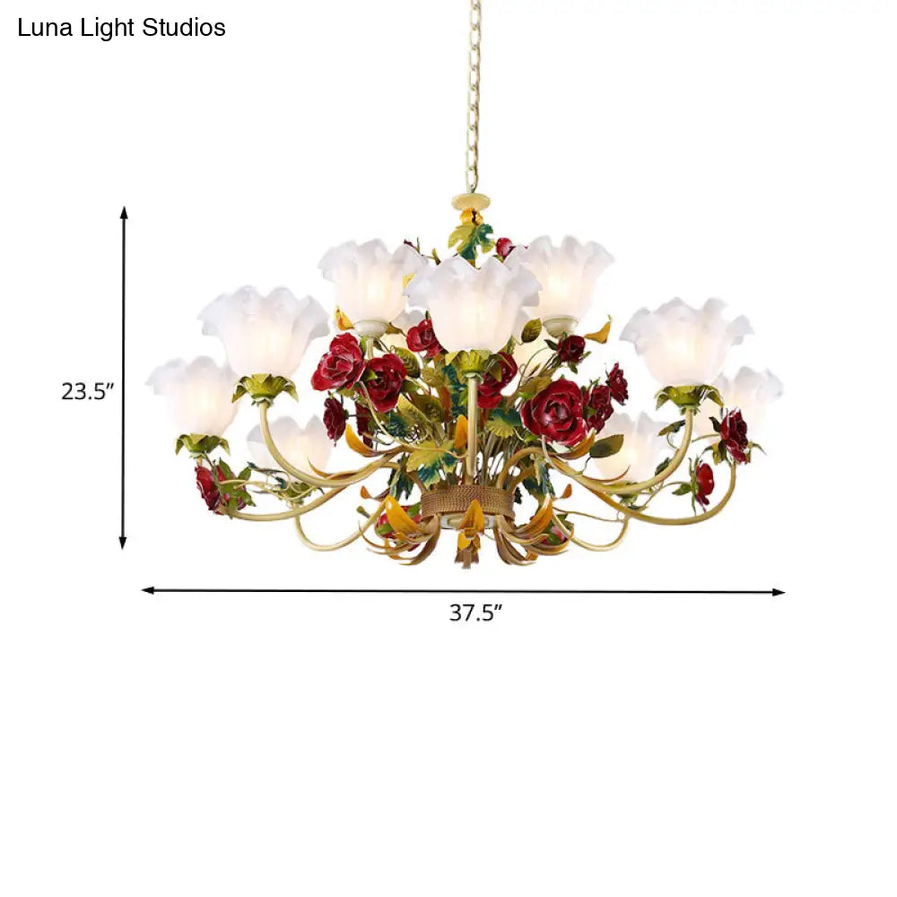 Pastoral Green Scalloped Chandelier Lamp - Metal 3/12 Heads Ceiling Pendant Light For Living Room