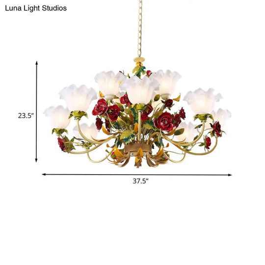 Pastoral Green Scalloped Chandelier Lamp - Metal 3/12 Heads Ceiling Pendant Light For Living Room