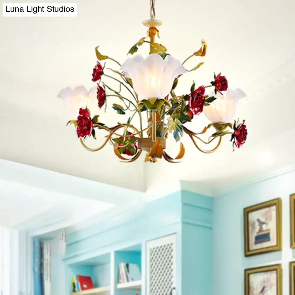 Pastoral Green Scalloped Chandelier Lamp - Metal 3/12 Heads Ceiling Pendant Light For Living Room