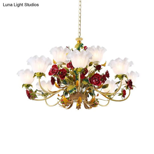 Pastoral Green Scalloped Chandelier Lamp - Metal 3/12 Heads Ceiling Pendant Light For Living Room