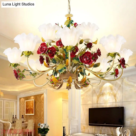 Pastoral Green Scalloped Chandelier Lamp - Metal 3/12 Heads Ceiling Pendant Light For Living Room