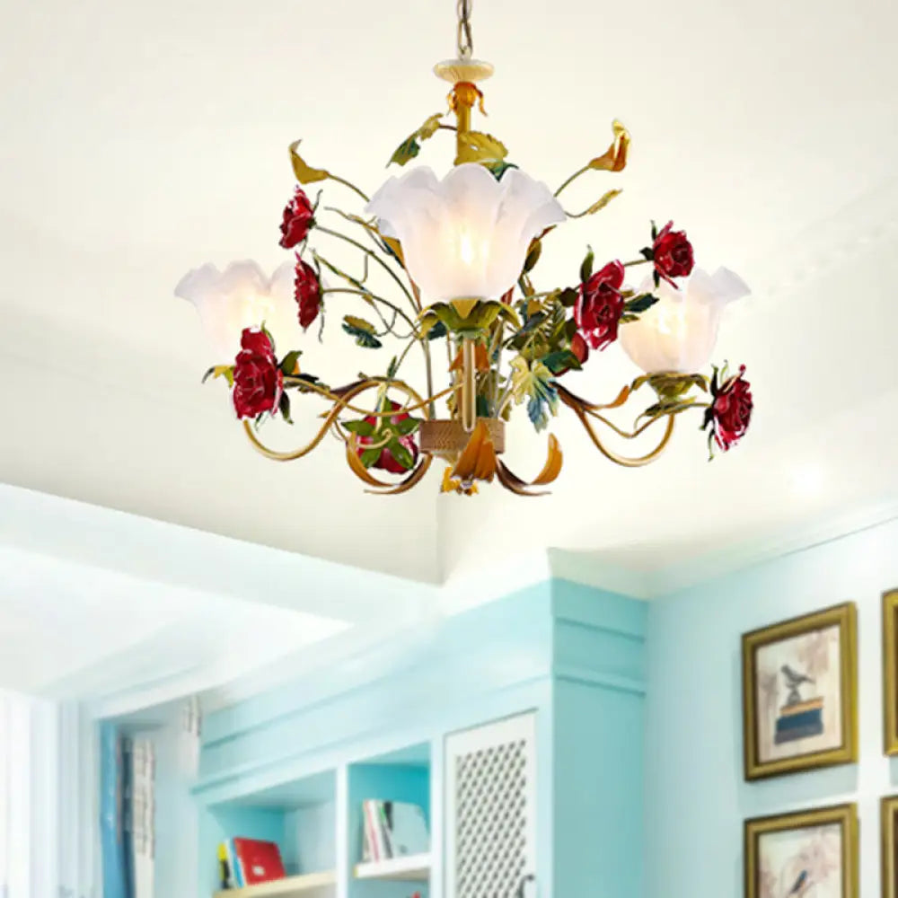 Pastoral Green Scalloped Chandelier Lamp - Metal 3/12 Heads Ceiling Pendant Light For Living Room 3