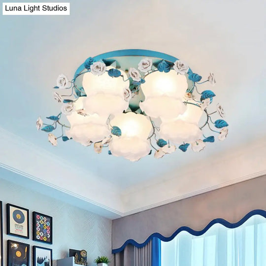 Pastoral Half - Open Flower Ceiling Lamp - 3/5 - Light Semi Mount Lighting With Frosted Glass &