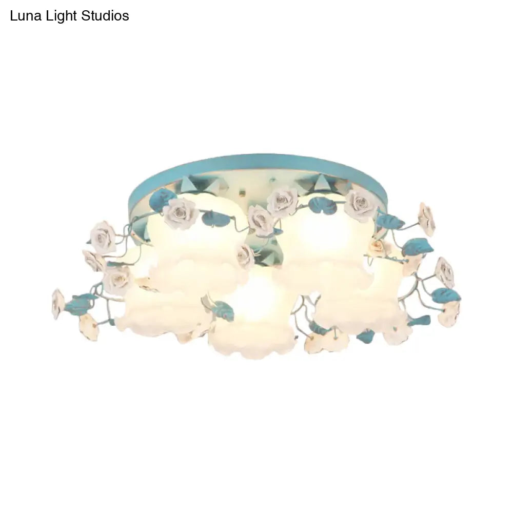 Pastoral Half-Open Flower Ceiling Lamp - 3/5-Light Semi Mount Lighting With Frosted Glass & Rose