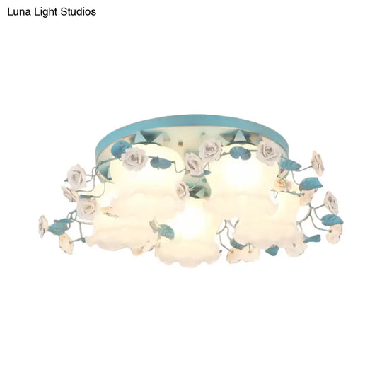 Pastoral Half-Open Flower Ceiling Lamp - 3/5-Light Semi Mount Lighting With Frosted Glass & Rose