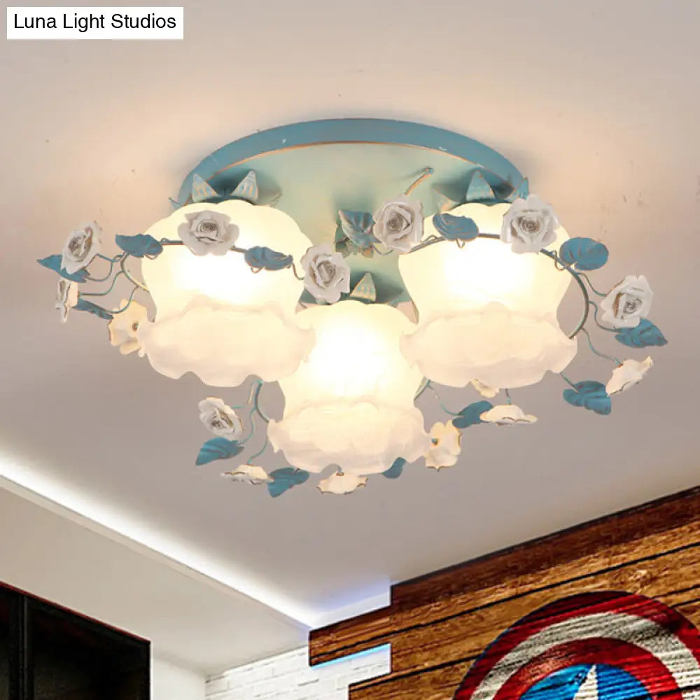 Pastoral Half-Open Flower Ceiling Lamp - 3/5-Light Semi Mount Lighting With Frosted Glass & Rose