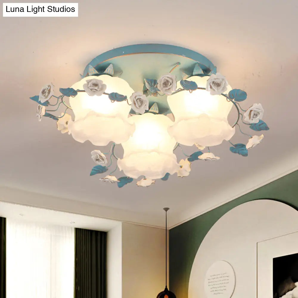 Pastoral Half-Open Flower Ceiling Lamp - 3/5-Light Semi Mount Lighting With Frosted Glass & Rose