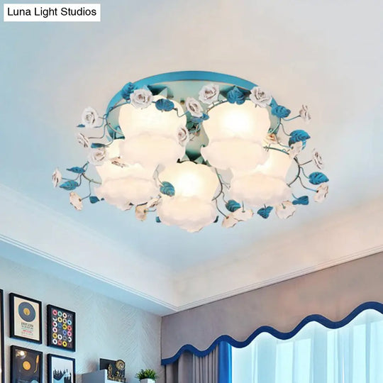 Pastoral Half-Open Flower Ceiling Lamp - 3/5-Light Semi Mount Lighting With Frosted Glass & Rose