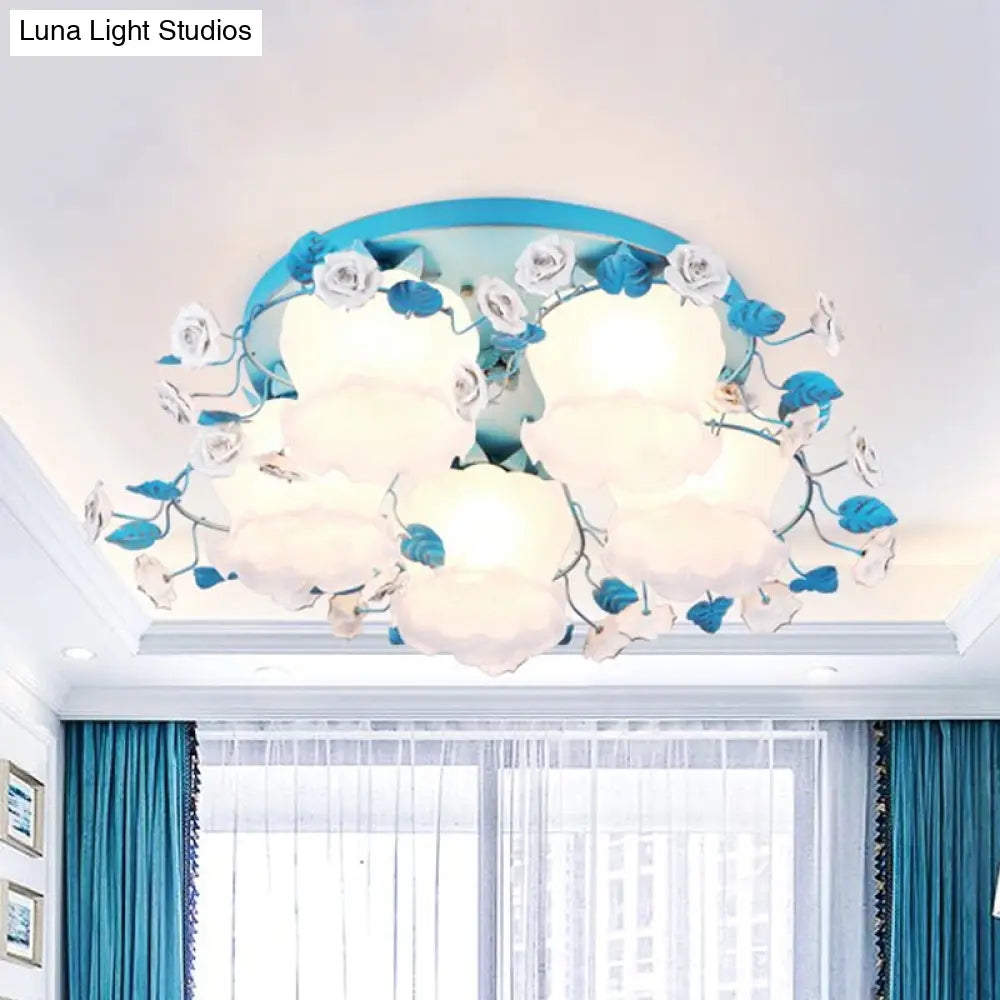 Pastoral Half - Open Flower Ceiling Lamp - 3/5 - Light Semi Mount Lighting With Frosted Glass &