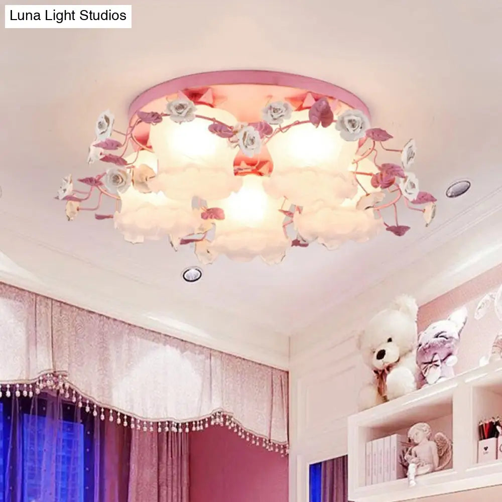 Pastoral Half-Open Flower Ceiling Lamp - 3/5-Light Semi Mount Lighting With Frosted Glass & Rose