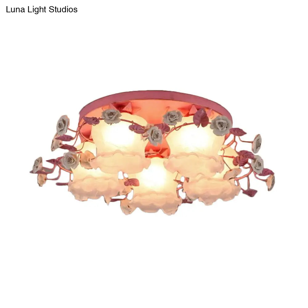 Pastoral Half-Open Flower Ceiling Lamp - 3/5-Light Semi Mount Lighting With Frosted Glass & Rose