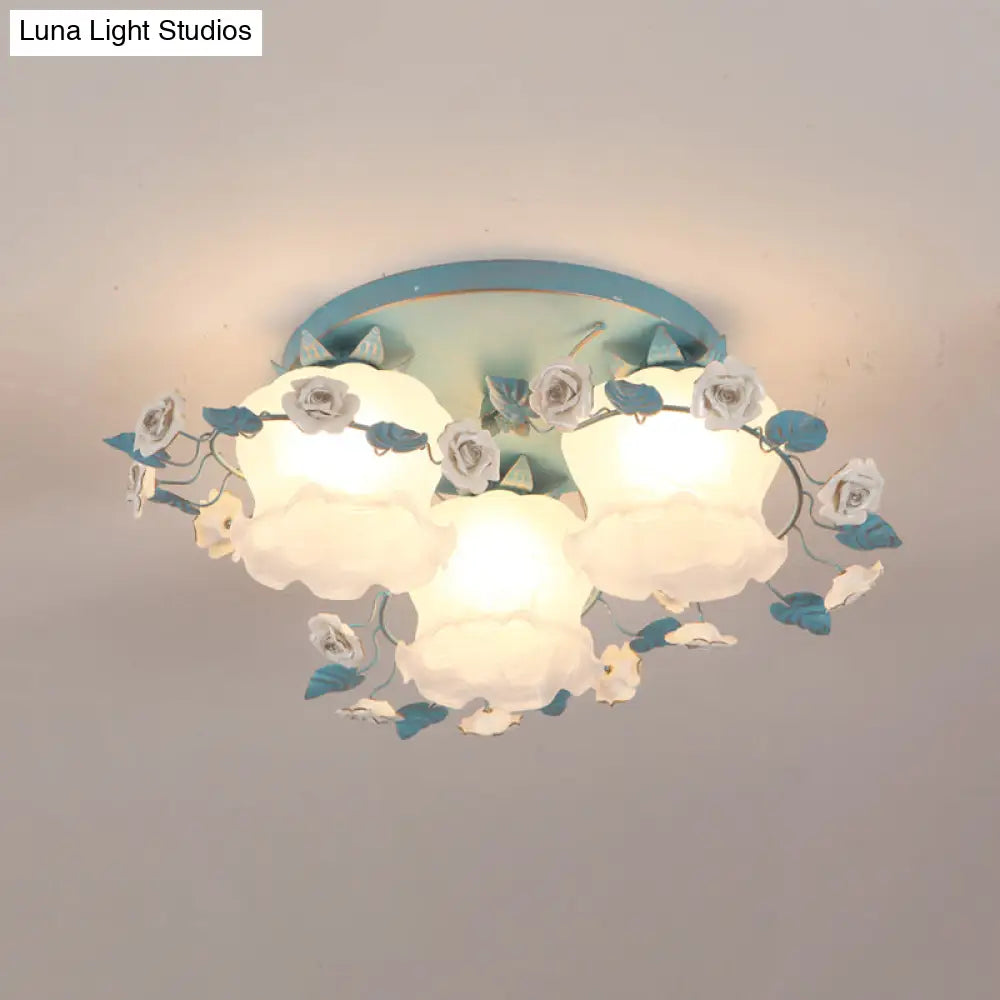 Pastoral Half - Open Flower Ceiling Lamp - 3/5 - Light Semi Mount Lighting With Frosted Glass &