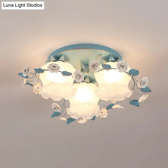 Pastoral Half - Open Flower Ceiling Lamp - 3/5 - Light Semi Mount Lighting With Frosted Glass &