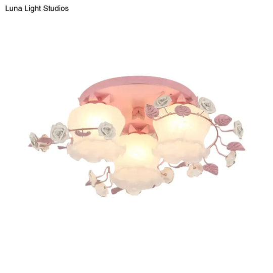 Pastoral Half - Open Flower Ceiling Lamp - 3/5 - Light Semi Mount Lighting With Frosted Glass &