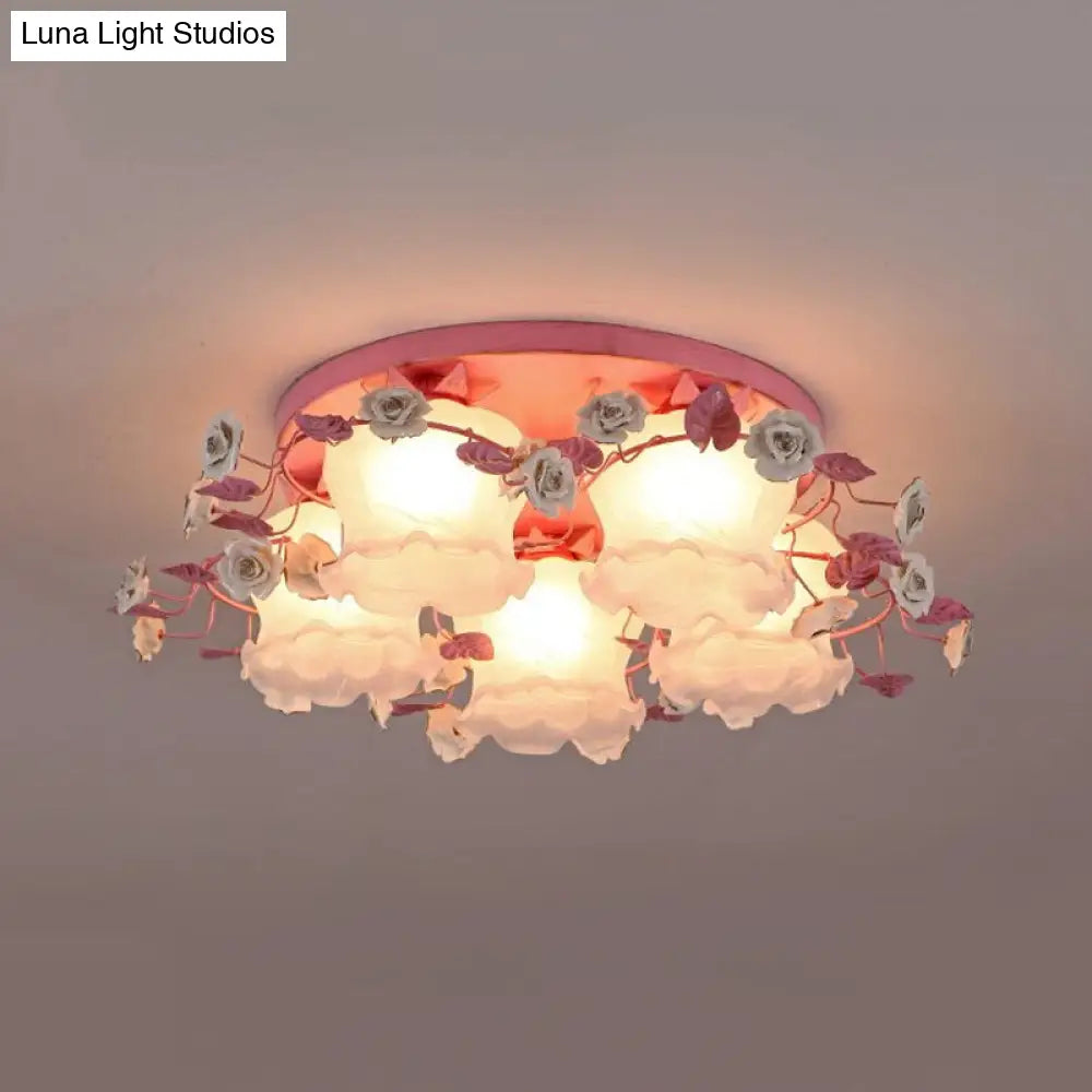 Pastoral Half-Open Flower Ceiling Lamp - 3/5-Light Semi Mount Lighting With Frosted Glass & Rose