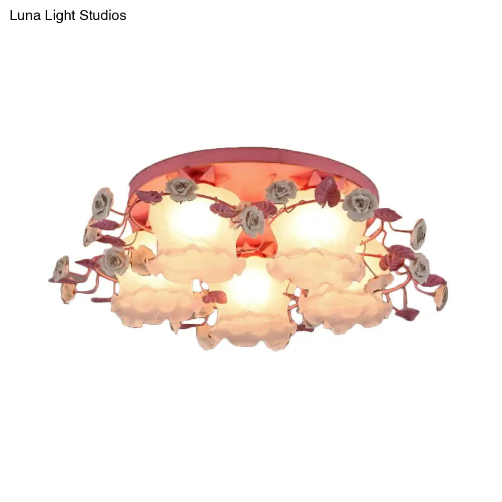 Pastoral Half - Open Flower Ceiling Lamp - 3/5 - Light Semi Mount Lighting With Frosted Glass &