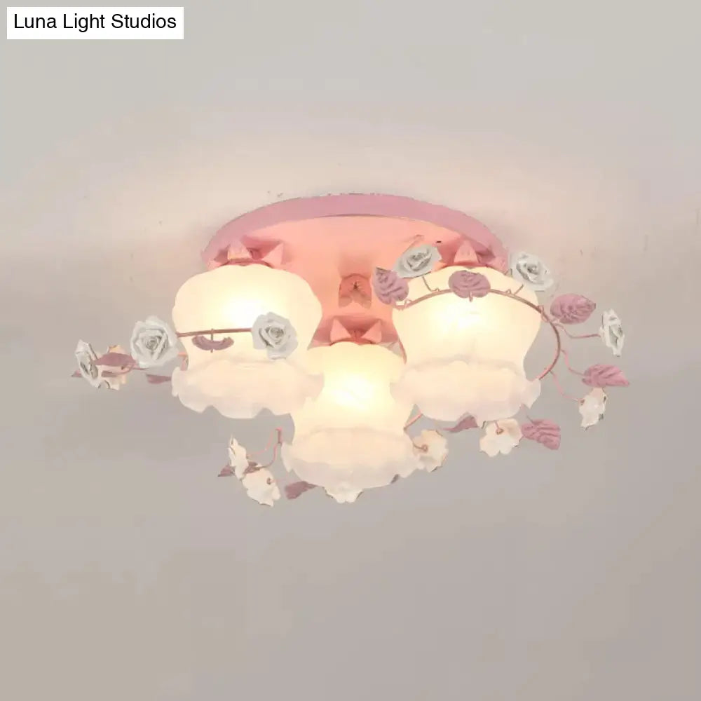 Pastoral Half - Open Flower Ceiling Lamp - 3/5 - Light Semi Mount Lighting With Frosted Glass &