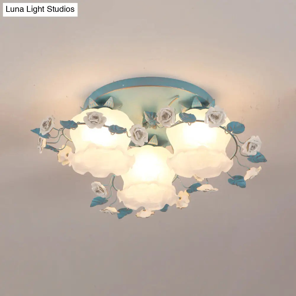 Pastoral Half-Open Flower Ceiling Lamp - 3/5-Light Semi Mount Lighting With Frosted Glass & Rose