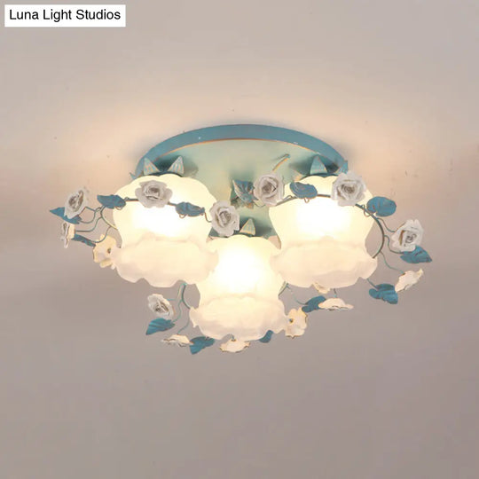 Pastoral Half-Open Flower Ceiling Lamp - 3/5-Light Semi Mount Lighting With Frosted Glass & Rose