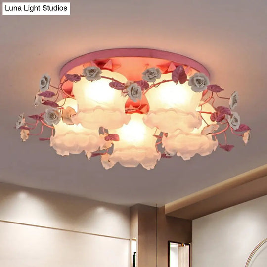 Pastoral Half-Open Flower Ceiling Lamp - 3/5-Light Semi Mount Lighting With Frosted Glass & Rose