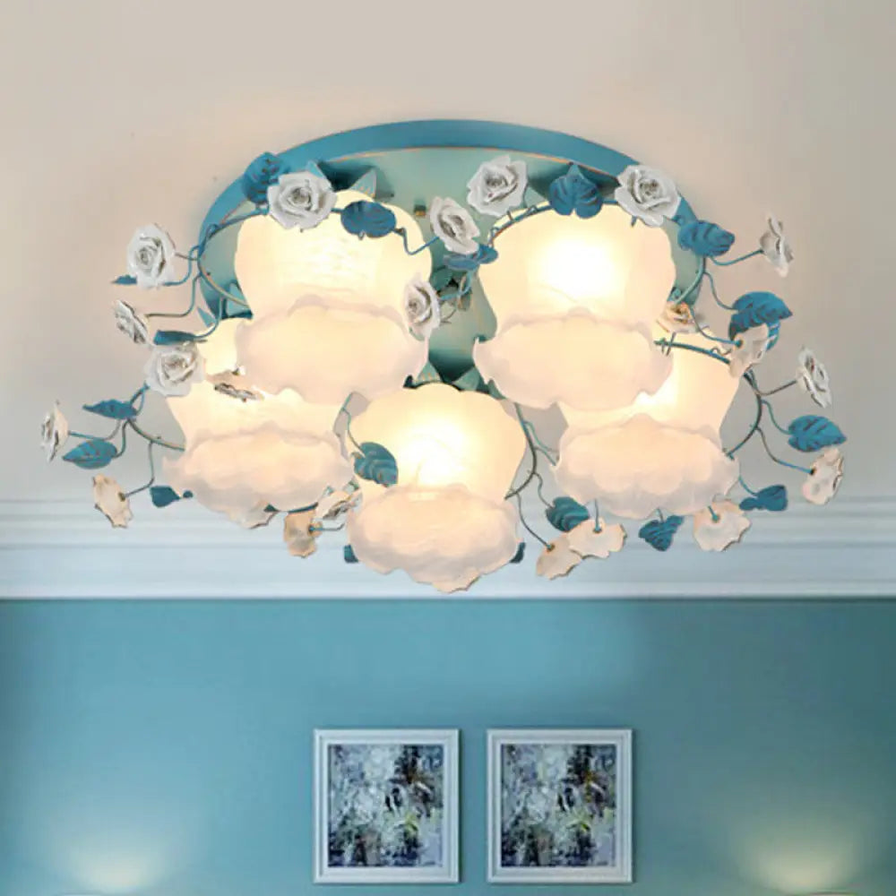 Pastoral Half - Open Flower Ceiling Lamp - 3/5 - Light Semi Mount Lighting With Frosted Glass &