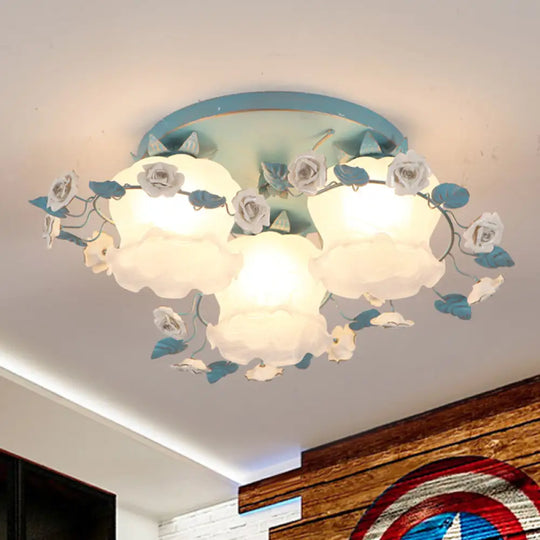 Pastoral Half - Open Flower Ceiling Lamp - 3/5 - Light Semi Mount Lighting With Frosted Glass &