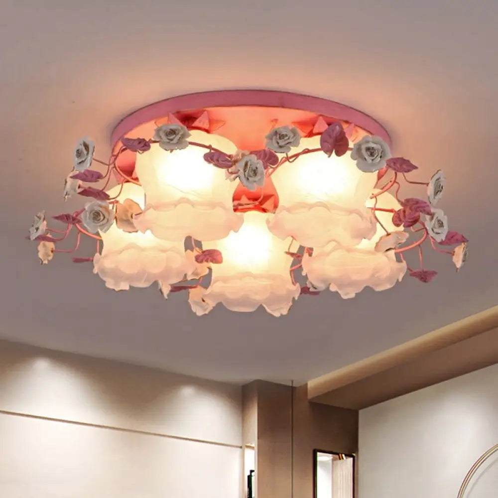 Pastoral Half - Open Flower Ceiling Lamp - 3/5 - Light Semi Mount Lighting With Frosted Glass &