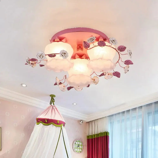 Pastoral Half - Open Flower Ceiling Lamp - 3/5 - Light Semi Mount Lighting With Frosted Glass &