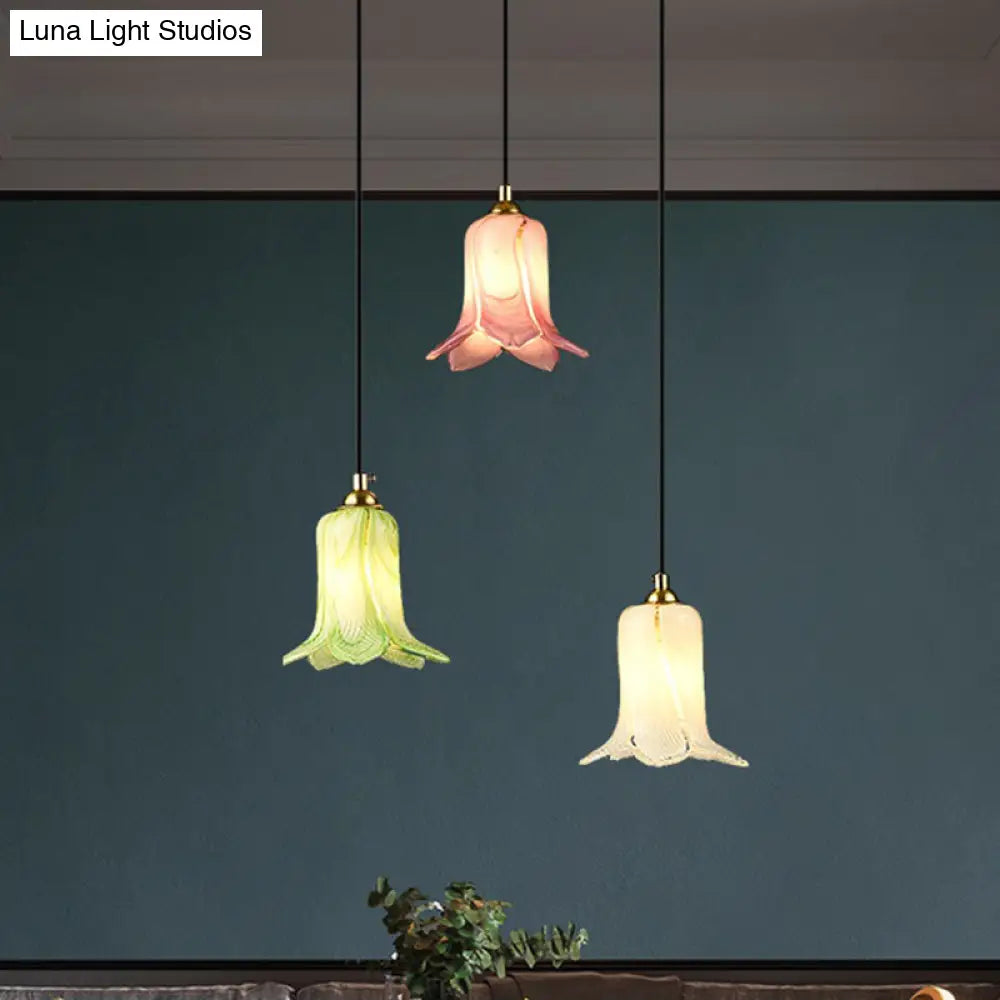 Pastoral Lily Cluster Pendant: White/Green/Purple Glass Led Ceiling Fixture For Foyer