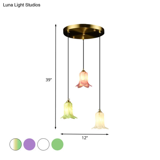 Pastoral Lily Cluster Pendant: White/Green/Purple Glass Led Ceiling Fixture For Foyer